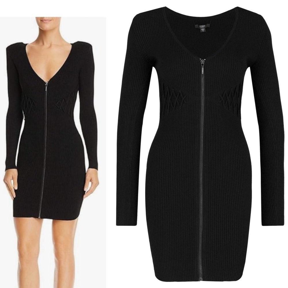GUESS BLACK DRESS. SIZE XL. RIBBED KNIT BODYCON DRESS. FULL FRONT ZIPPER. Y2K